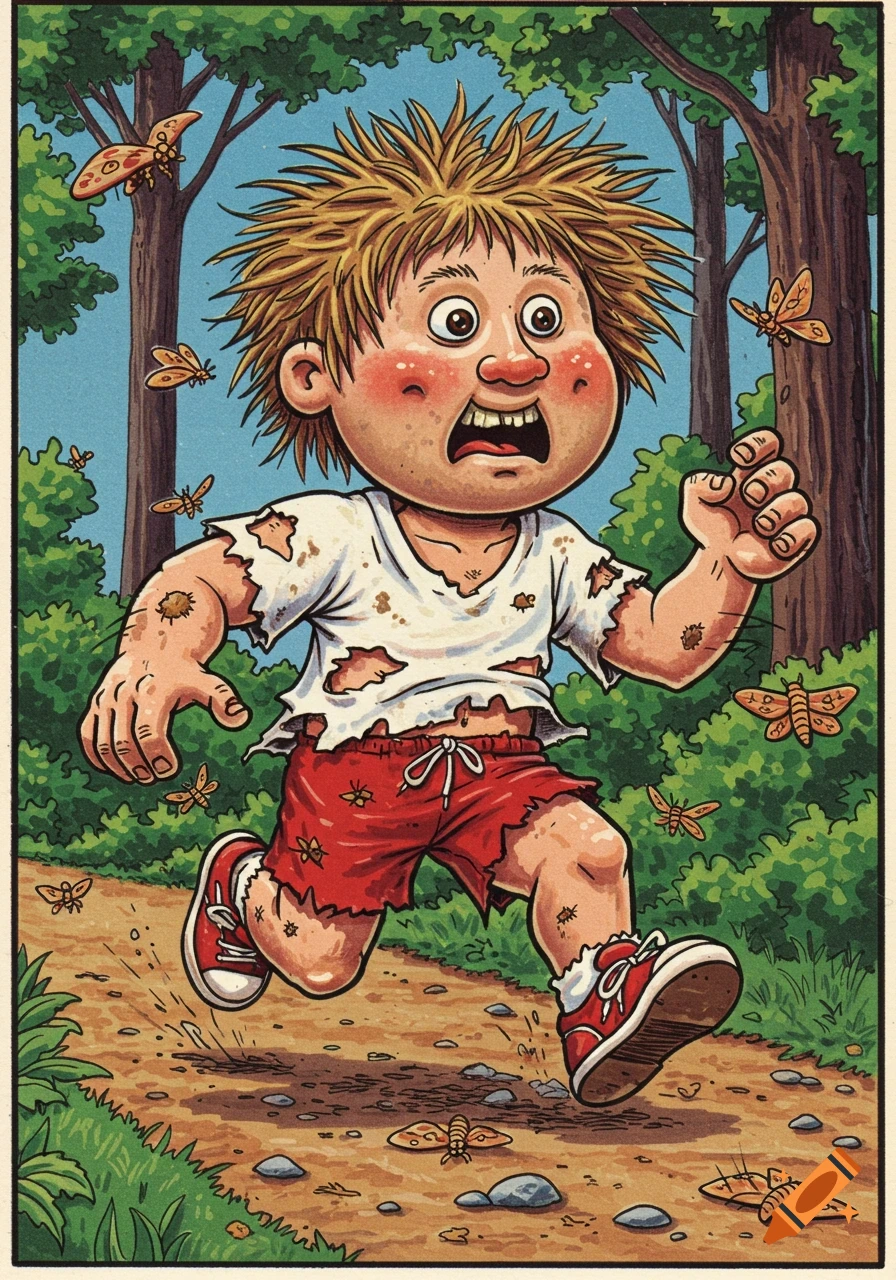A scared, dirty, cartoon boy with torn clothes runs on a forest path, surrounded by flying moths, in a gross, cartoonish style.