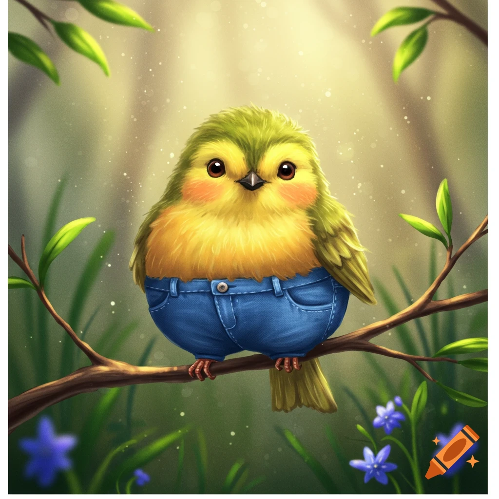 A fluffy yellow-green bird wearing blue jeans sits on a branch in a sunny forest.
