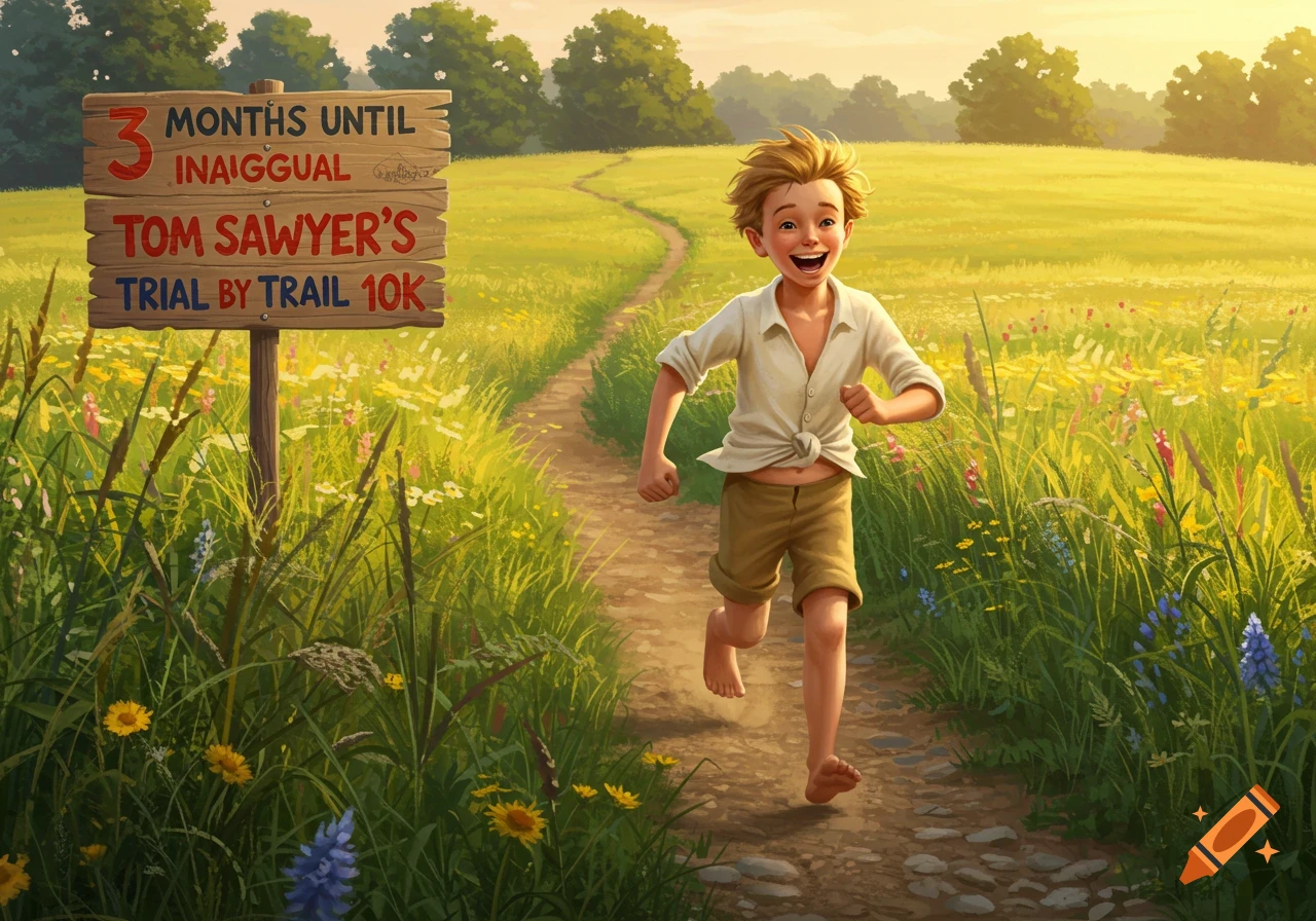 Smiling Tom Sawyer runs barefoot on a dirt path in a sunny meadow past a sign for a 'Trial by Trail 10K'.