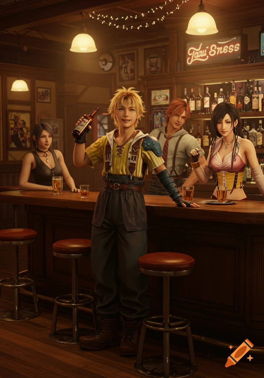 Tidus from Final Fantasy X stands holding a bottle in a detailed, photorealistic bar scene with other characters at the counter.