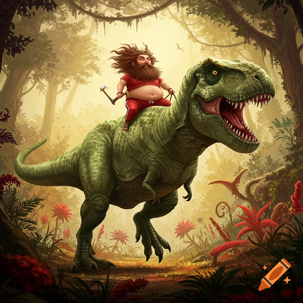 A bearded man in red clothes rides a giant green Tyrannosaurus Rex through a lush, sunlit jungle.