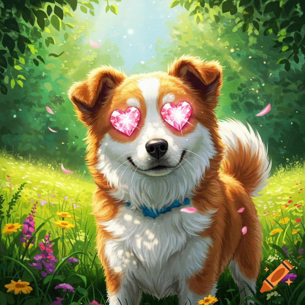 A smiling brown and white dog with sparkling pink heart-shaped eyes in a vibrant green meadow with flowers and falling petals.