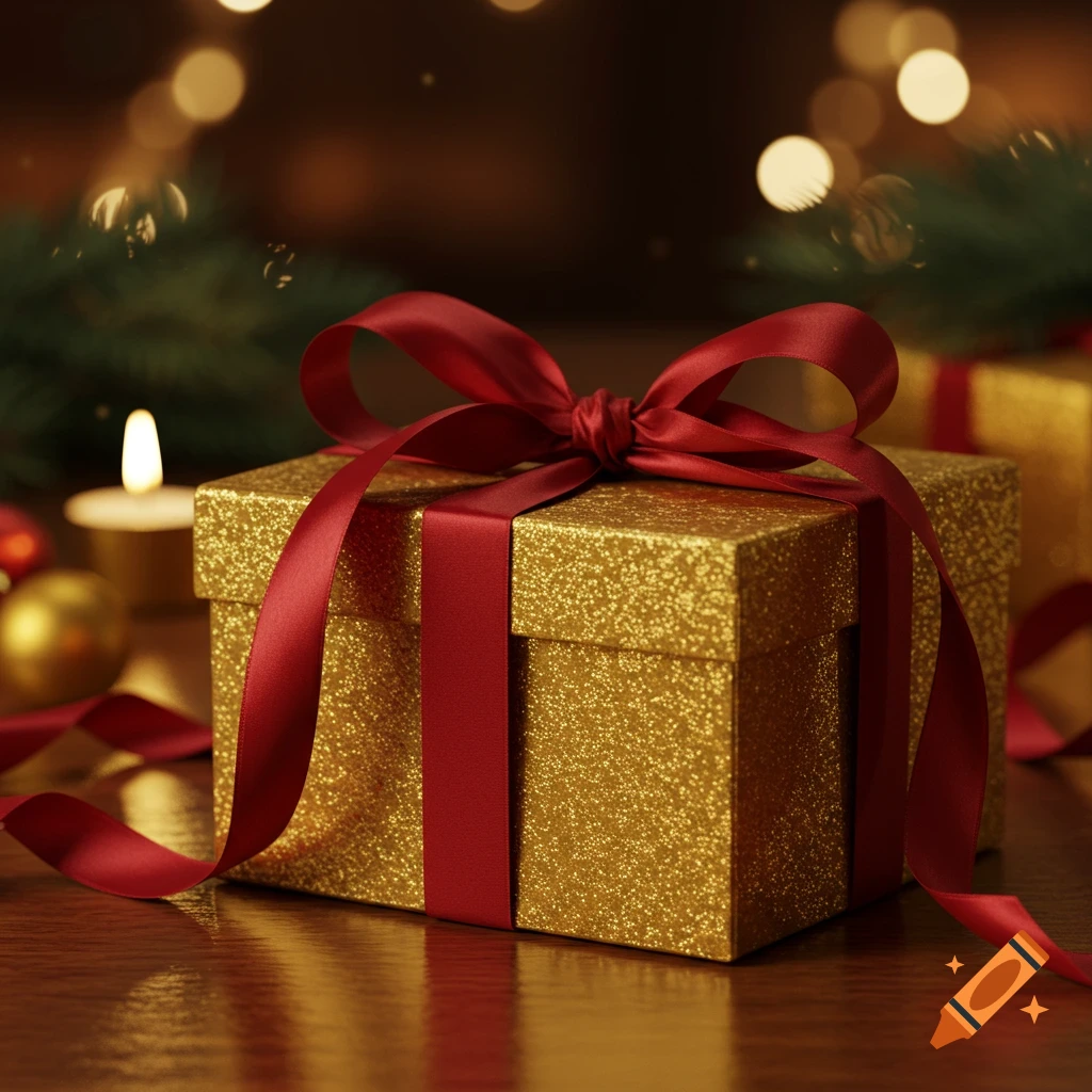 A photorealistic gold glittery gift box with a red ribbon and bow on a wooden surface, with blurred festive lights and a candle.