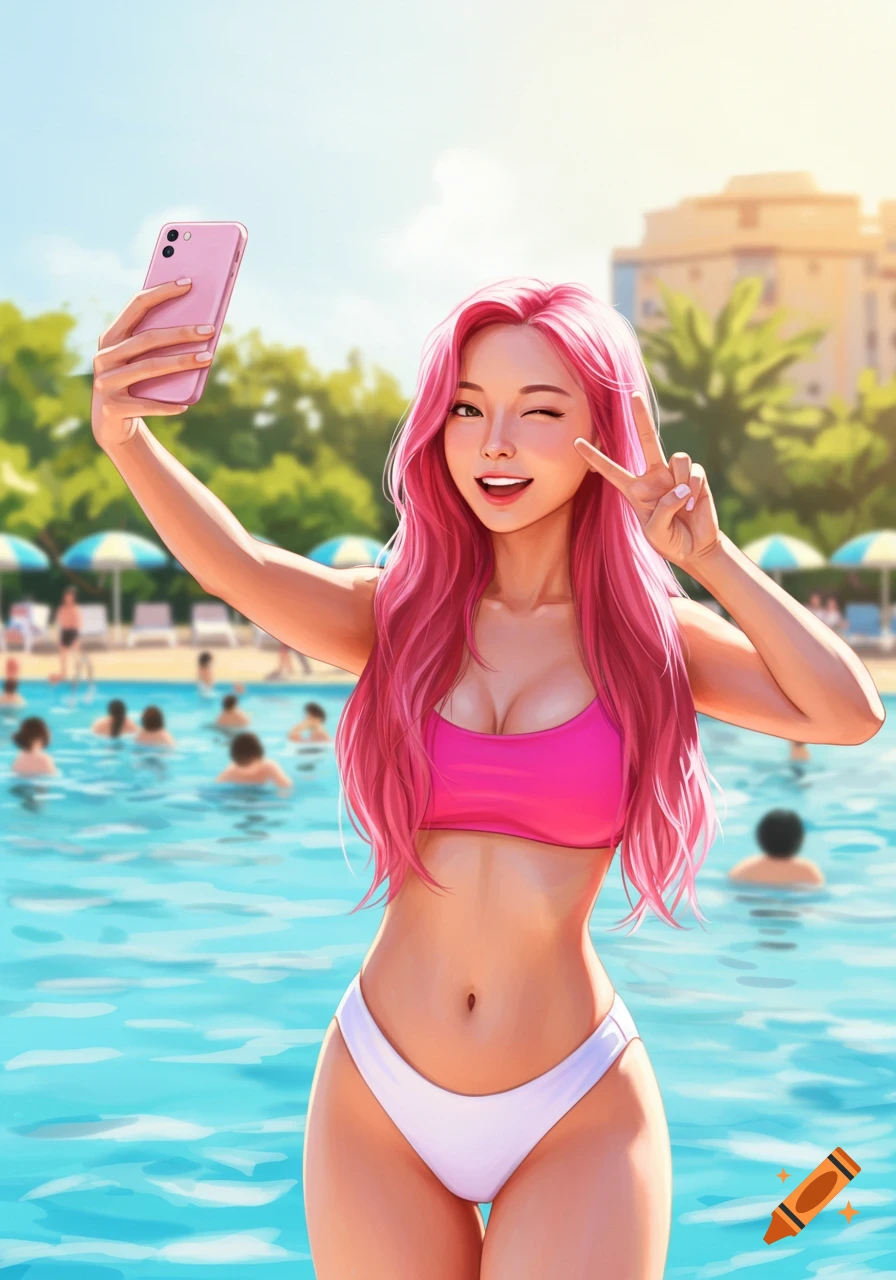Anime-style illustration of a smiling woman with pink hair in a pink and white bikini taking a selfie at a swimming pool.