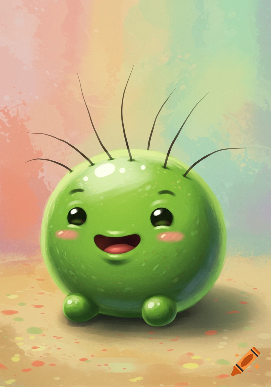 A cute, round, green cartoon creature with big eyes, a wide smile, and thin black hairs, set against a pastel watercolor background.
