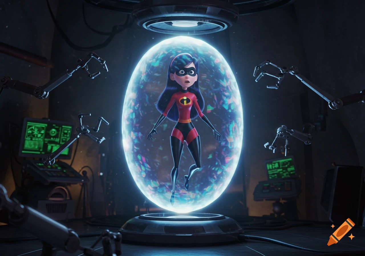 Violet Parr from The Incredibles floats in a glowing blue stasis field in a dark, futuristic lab with robotic arms.
