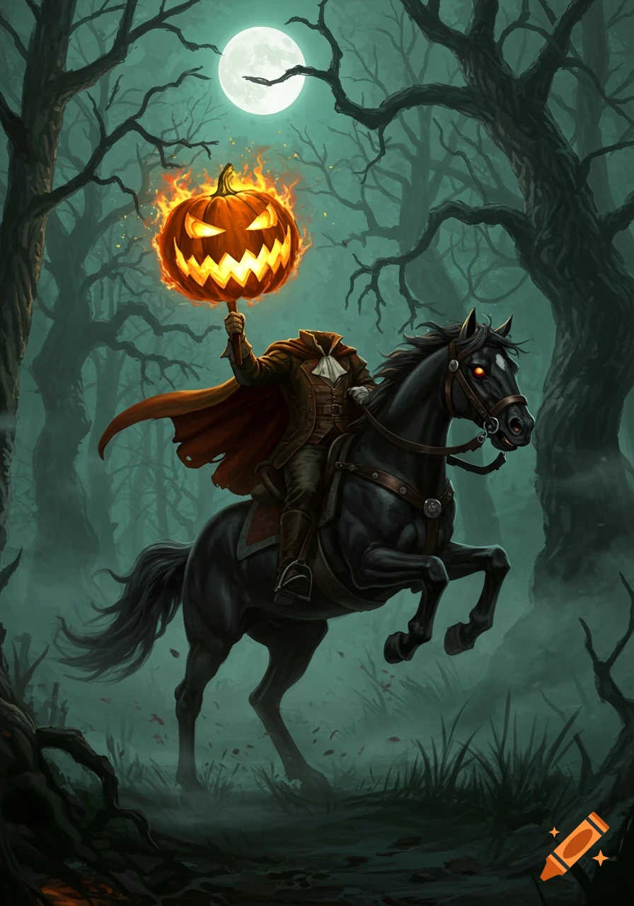 A headless horseman on a black horse rides through a dark, misty forest, holding a flaming jack-o'-lantern head under a full moon.