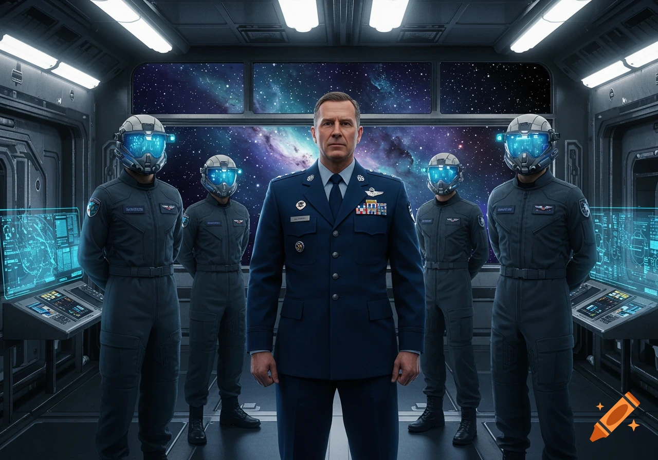 A photorealistic image of a Space Force general and four masked soldiers standing in a futuristic spaceship cockpit overlooking a starry galaxy.