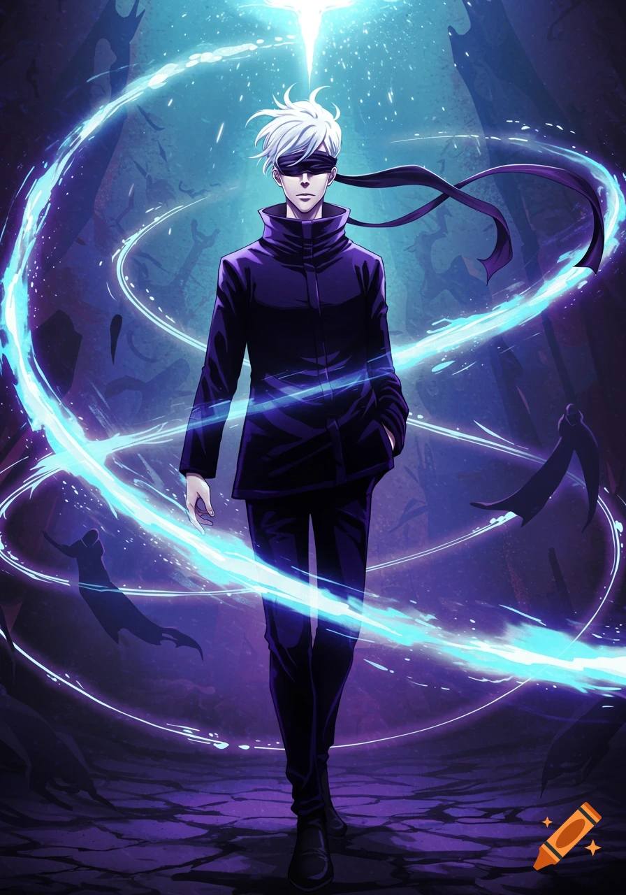 An anime man with white hair and a blindfold in a purple jacket stands in a dark, mystical setting with swirling blue energy.