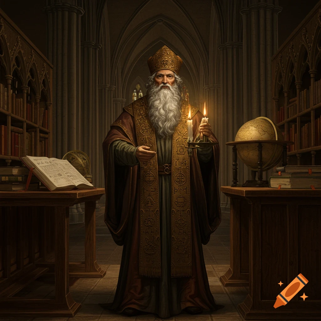 An old man with a long white beard, wearing a golden hat and robes, holds lit candles in a gothic library filled with books and a globe.