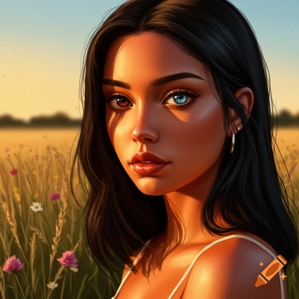Digital painting of a tan woman with black hair and heterochromia, one brown eye and one blue eye, in a sunlit field.