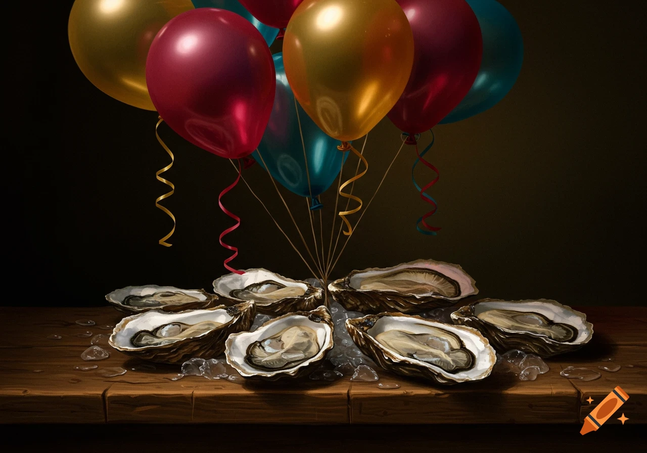 A still life painting of fresh oysters on ice on a wooden table, with a bouquet of colorful balloons floating above them against a dark background.