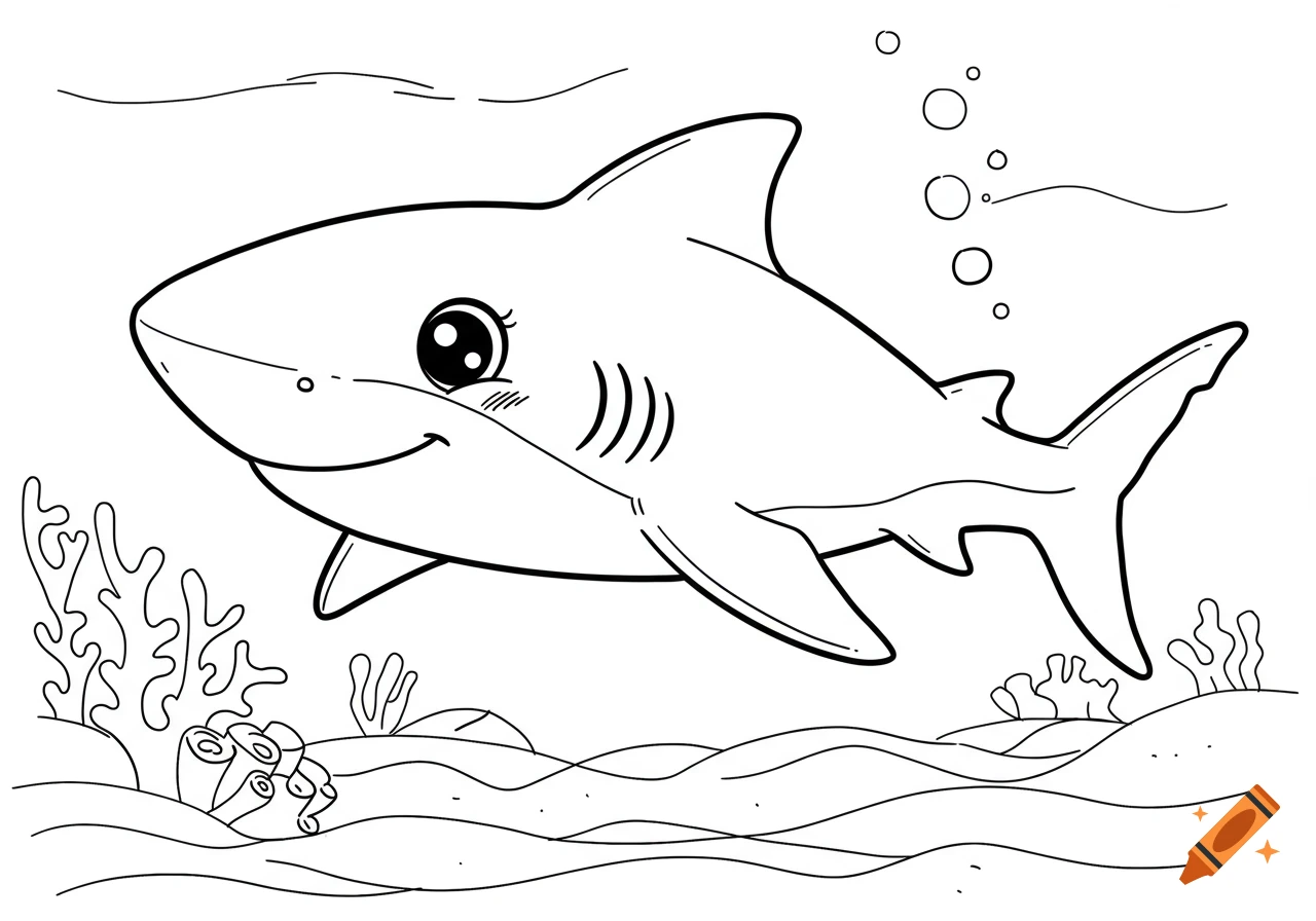 A cute cartoon shark with large eyes swims underwater among sea plants and bubbles, drawn in black and white line art style.