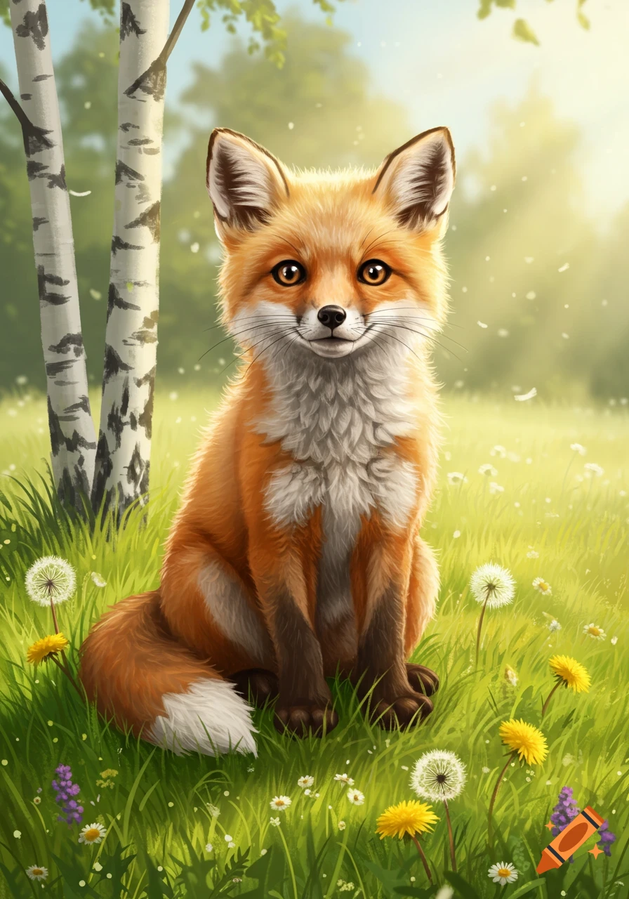 A cute, fluffy fox with orange and white fur sits in a sunny green field filled with dandelions and small flowers.