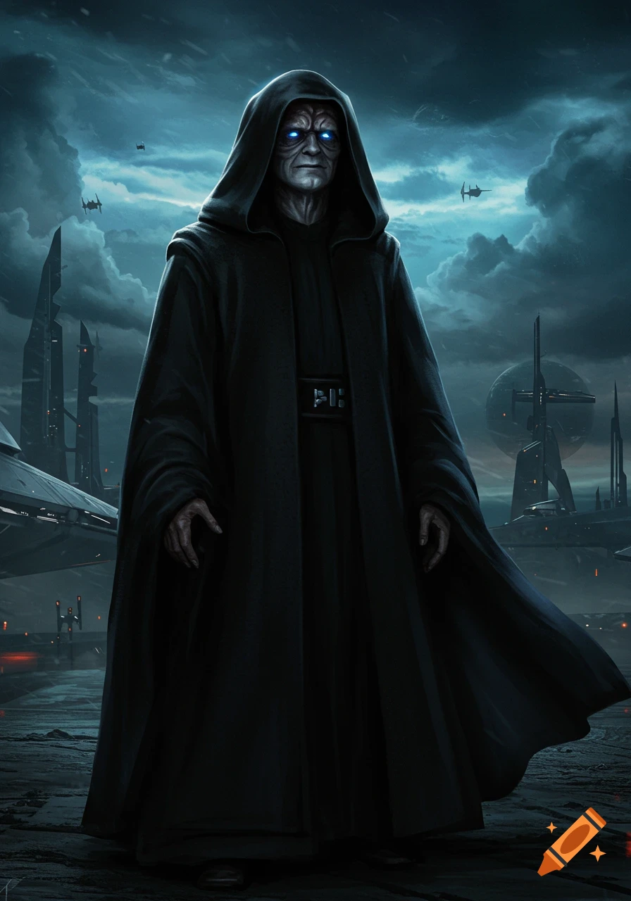 A dark, dramatic illustration of Emperor Palpatine standing on a stormy, futuristic alien planet with distant spaceships and dark structures.