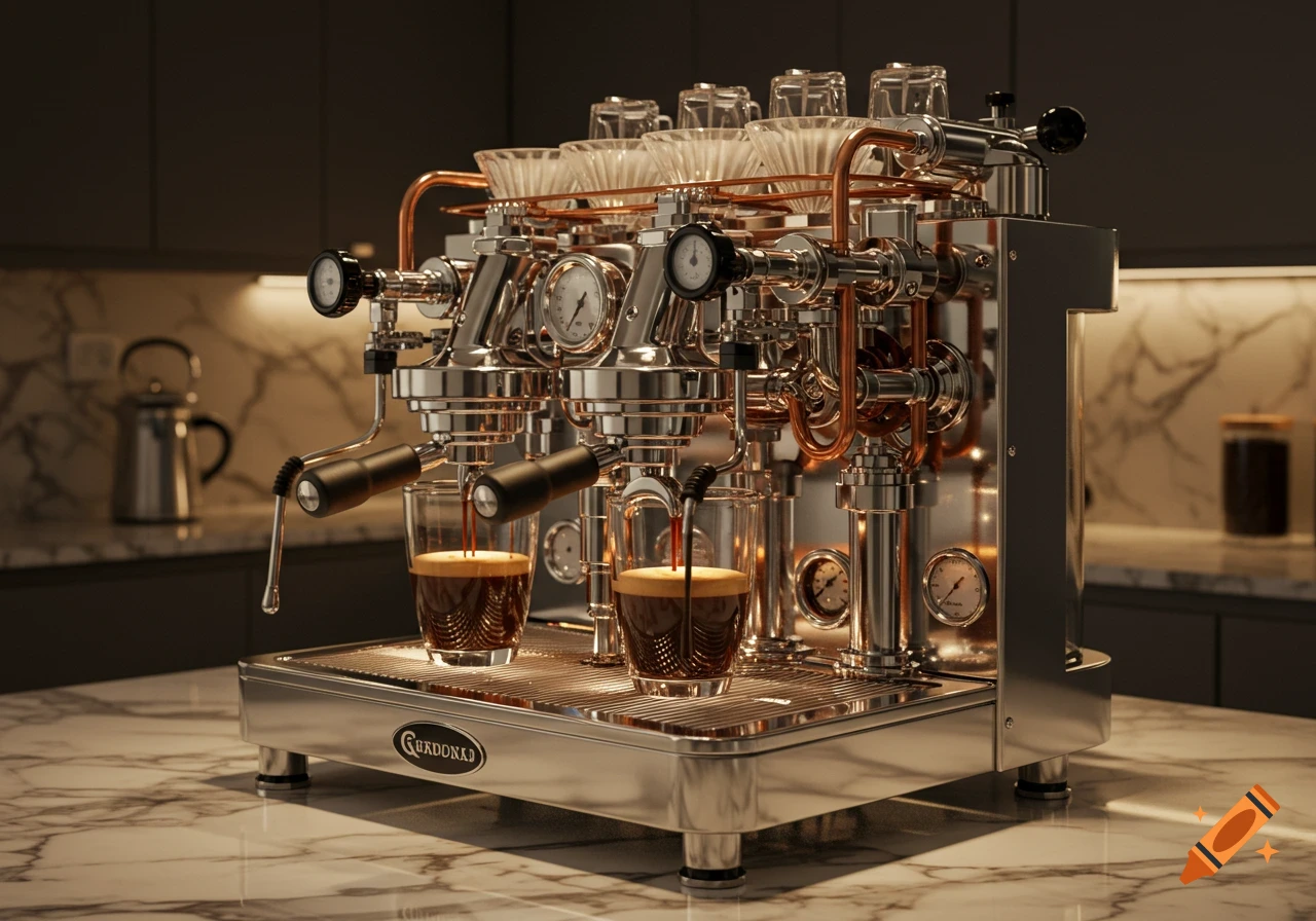 Photorealistic image of a complex chrome and copper espresso machine brewing coffee in a modern kitchen with marble counters.