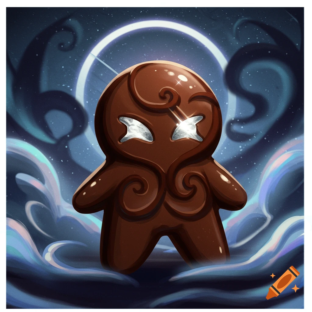 A stylized brown cookie-like character with shiny, star-shaped eyes stands against a dark, swirling cosmic background with a bright halo.