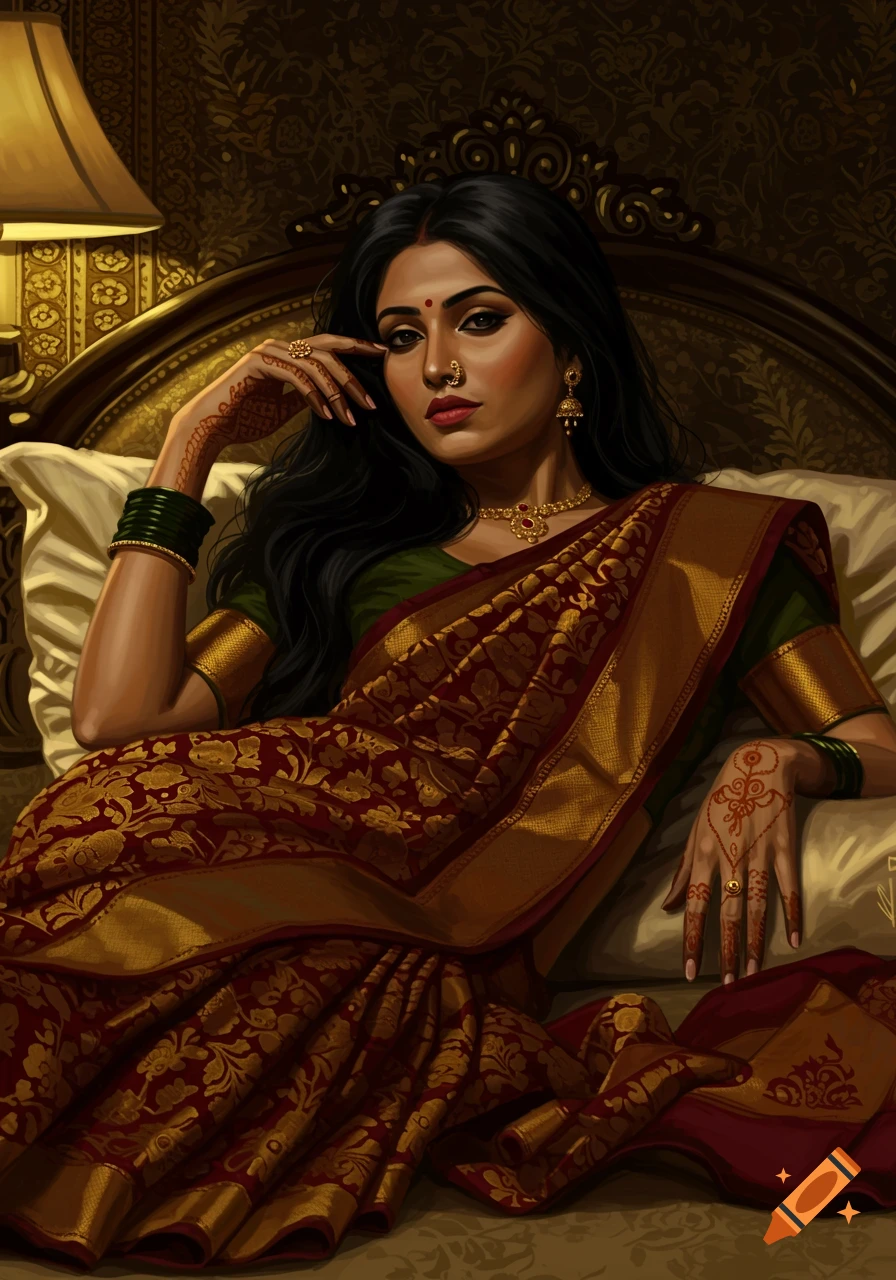 A beautiful Indian woman in a red and gold patterned saree and a green blouse lying on a bed.