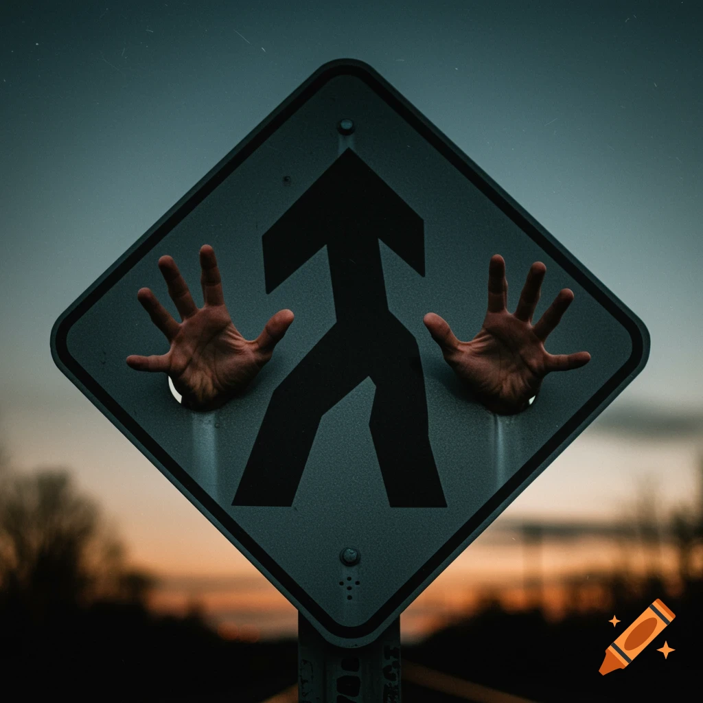 Hands reaching out of a diamond-shaped traffic sign with an arrow, against a sunset sky.