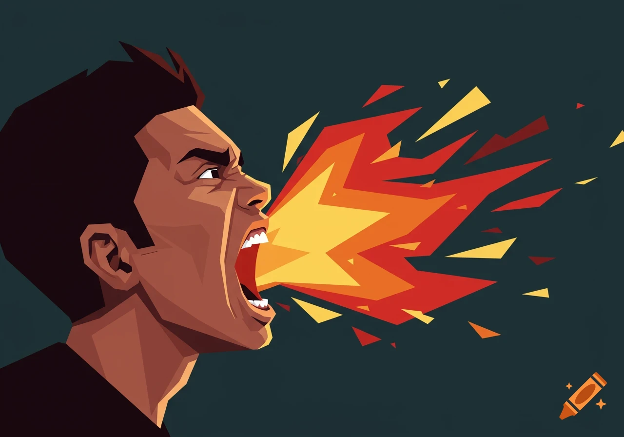 Stylized illustration of a man yelling with abstract flames erupting from his mouth.