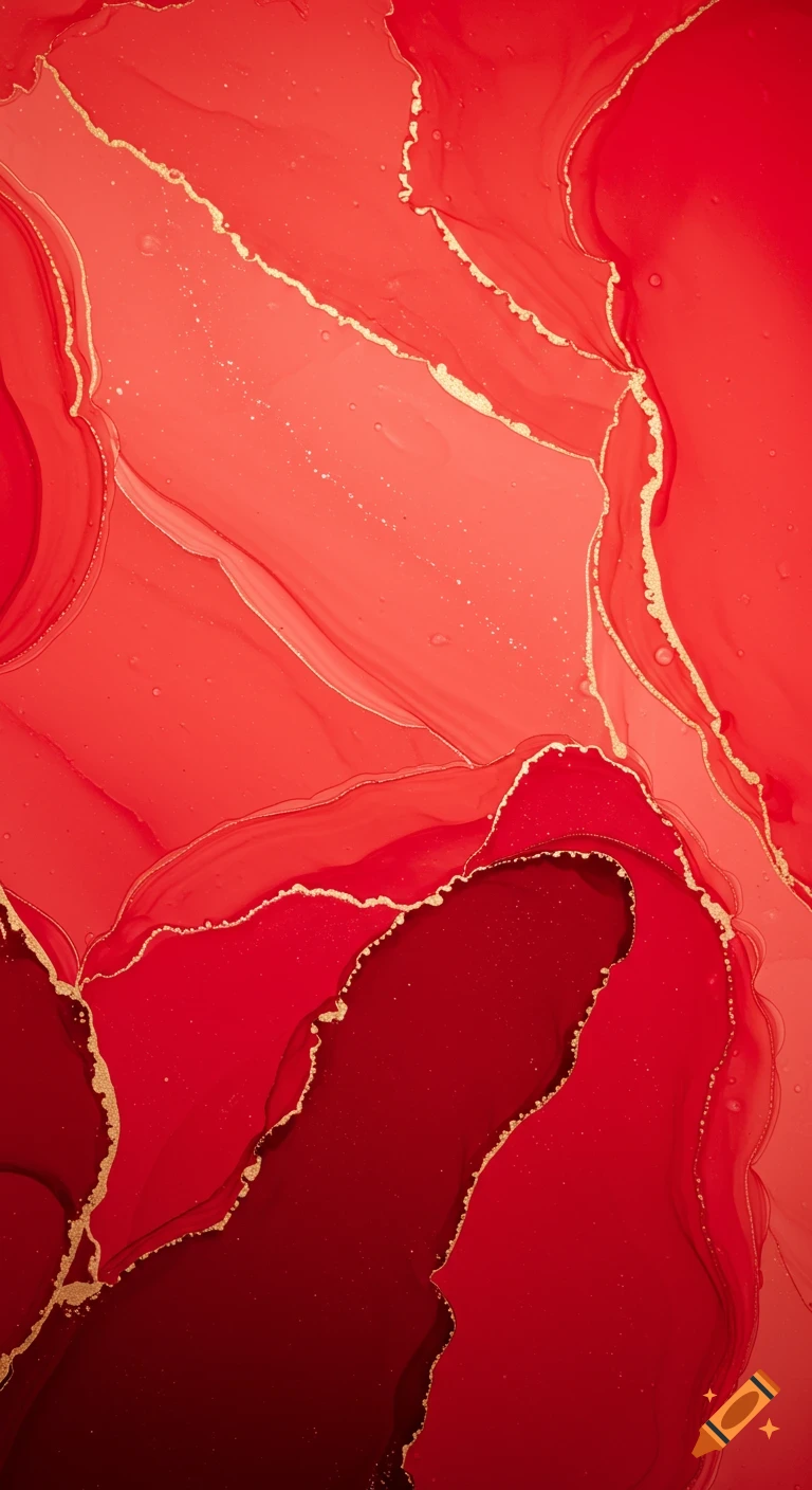 Abstract red and gold ink flow pattern with shimmering lines and speckles.