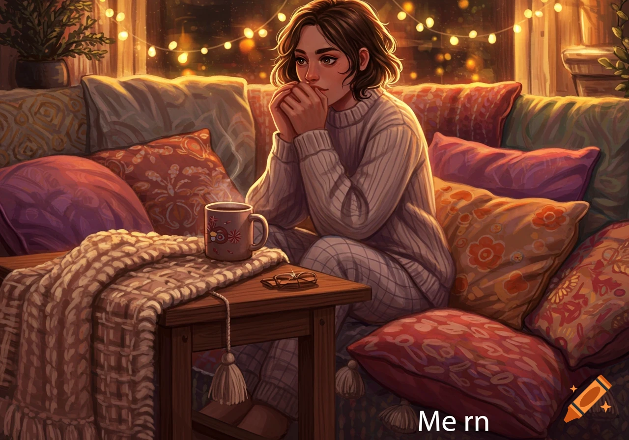 An illustration of a woman sitting on a cozy couch with pillows and a blanket, holding a mug, with string lights in the background.