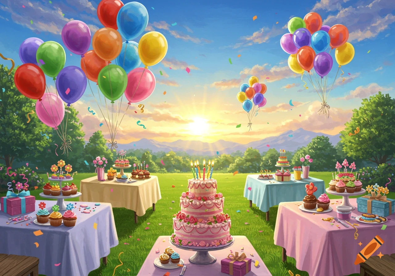 An outdoor birthday party illustration with a large tiered cake, cupcakes on tables, and colorful balloons against a sunset sky with mountains.