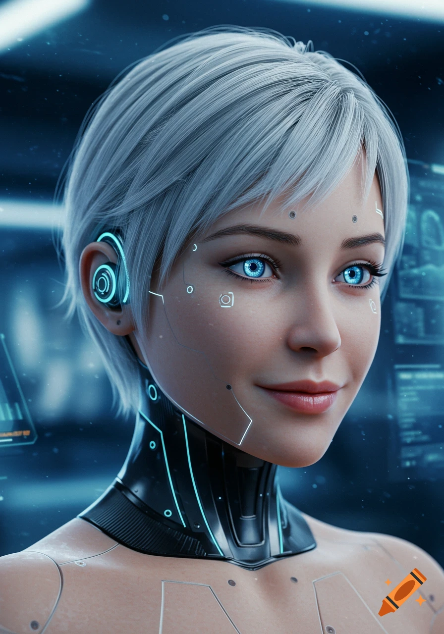 Hyper-realistic portrait of a female android with short silver hair, glowing blue eyes, and futuristic cybernetic enhancements.