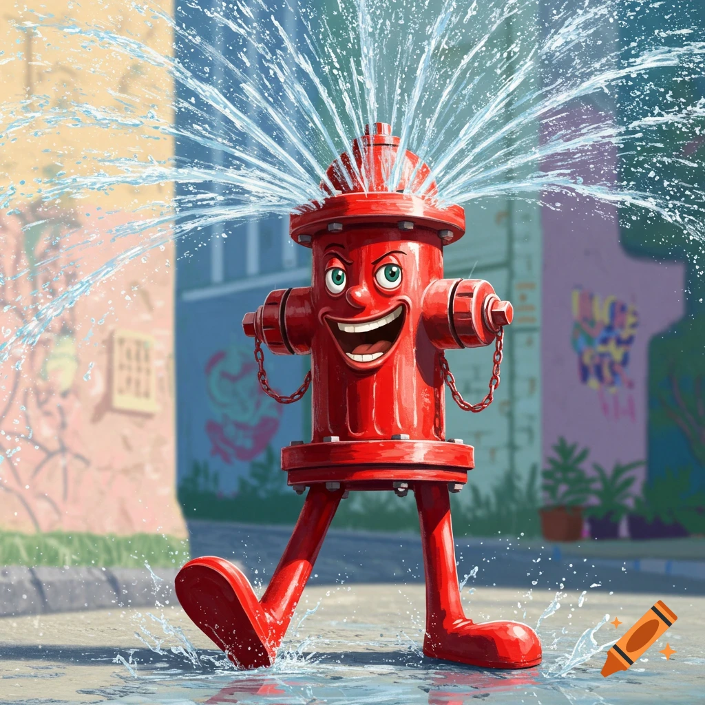 A happy, red cartoon fire hydrant with a smiling face and large red feet walks through water, spraying water from its top in an urban setting.