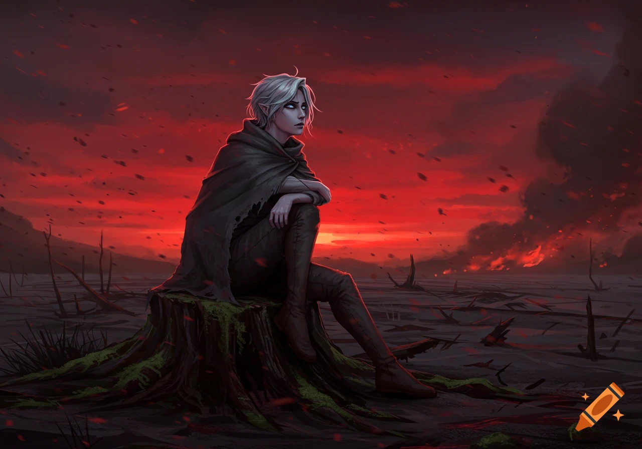 A white-haired person in a dark cloak sits on a stump in a desolate, fiery red landscape, ash falling. Digital painting.