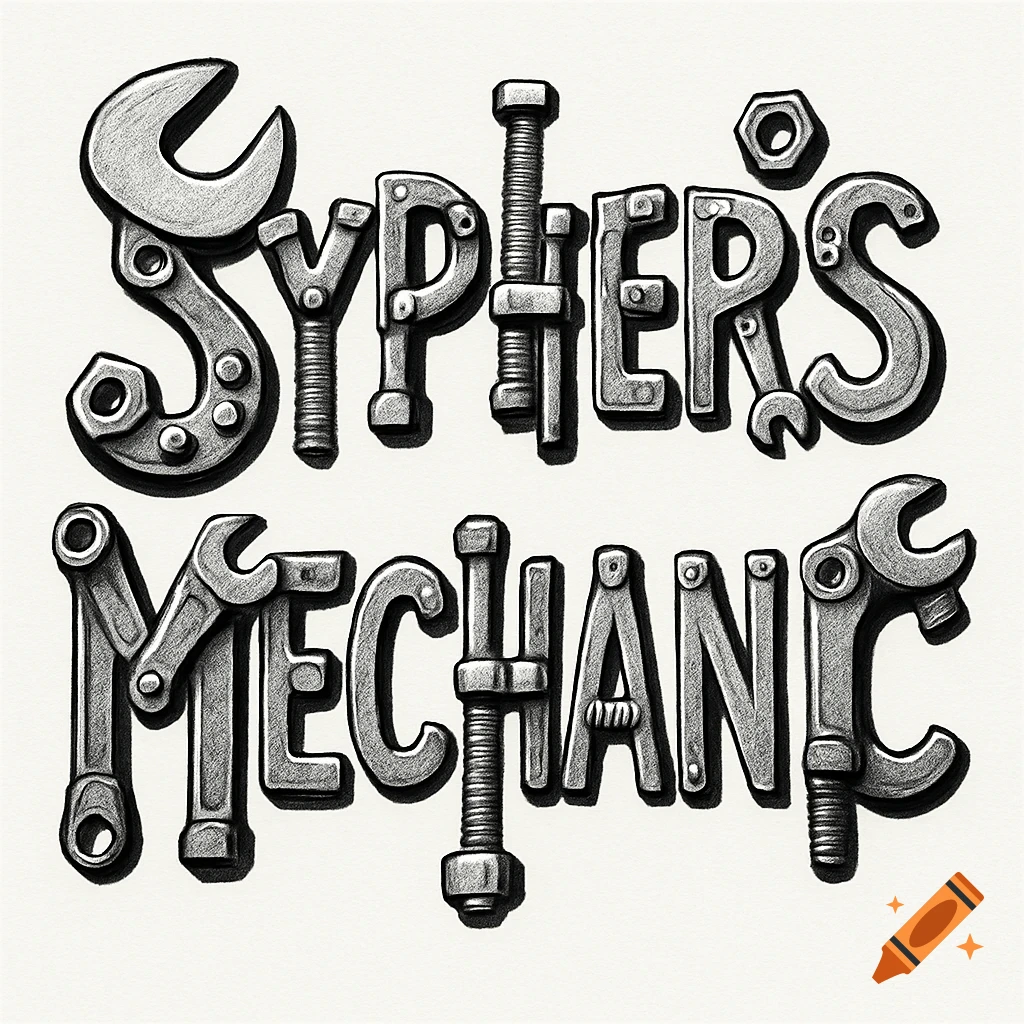The phrase 'Sypher's Mechanic' rendered as detailed black and white typography made from wrenches, nuts, and bolts.