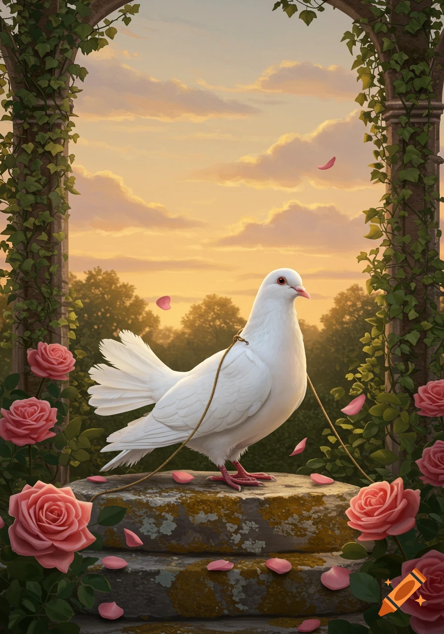 A white dove with a leash stands on a stone pedestal with pink roses and ivy under an archway against a sunset sky.