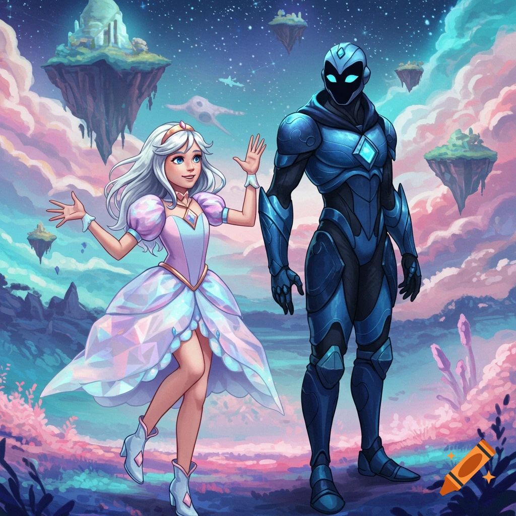 A white-haired princess and a blue armored figure stand in a vibrant, fantastical landscape with floating islands and a starry sky.
