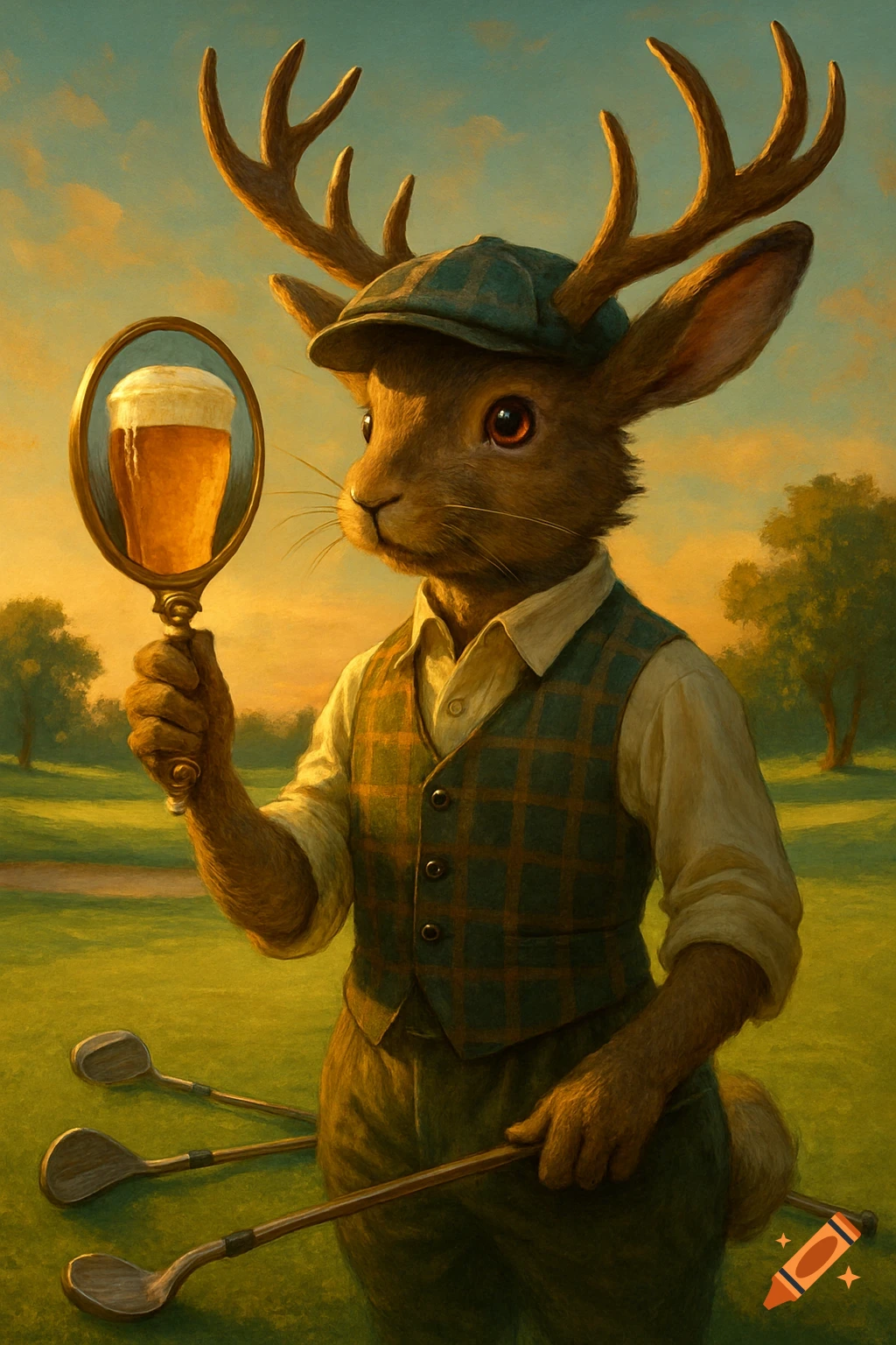 A painted anthropomorphic jackalope in golf attire holds a mirror reflecting a glass of beer on a golf course.