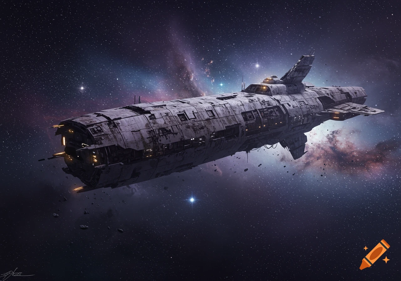 A large, derelict spacecraft with visible wear and tear drifts through a star-filled galaxy with colorful nebulas.