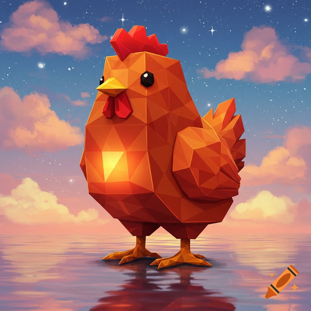 A low-poly orange chicken stands in calm water with a colorful sky and stars in the background.
