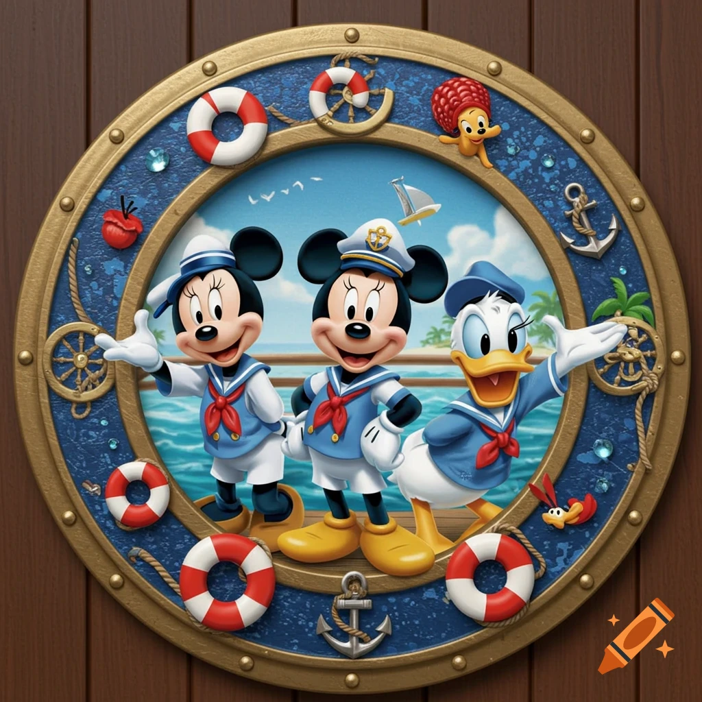 Mickey, Minnie, and Donald Duck in sailor outfits smile within a ship's porthole, overlooking the ocean with a sailboat, in a colorful cartoon style.