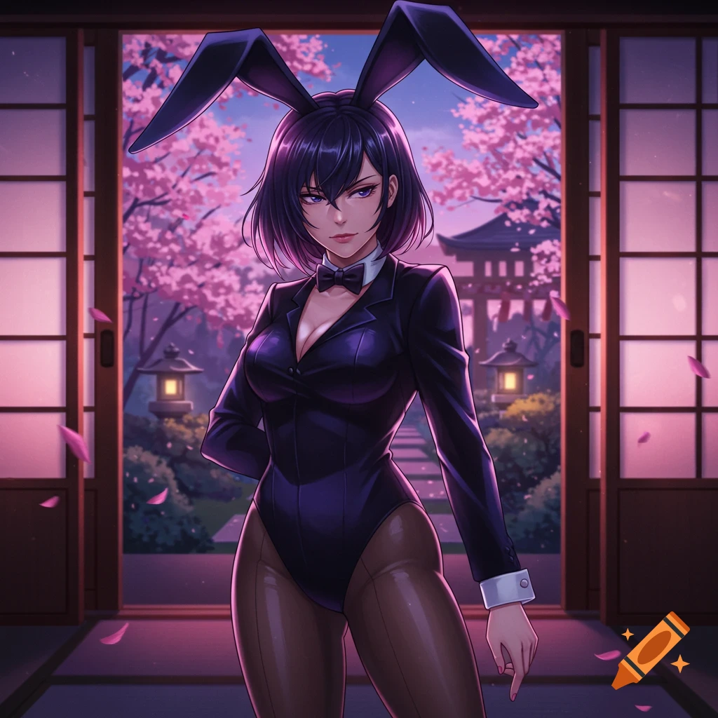 Anime woman in a black bunny suit and ears stands in a doorway overlooking a vibrant cherry blossom garden with a pagoda.