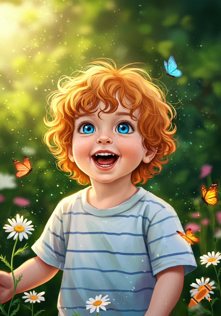 A joyful, red-haired boy with bright blue eyes laughs while looking up in a sunny garden with butterflies and daisies. Digital illustration.