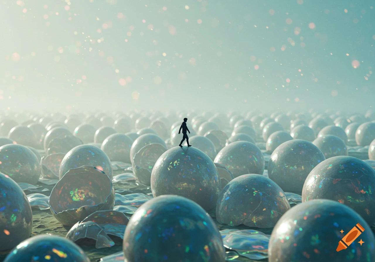A tiny silhouette of a person walks across a field of numerous large, glowing, translucent spheres under a misty, light-filled sky.