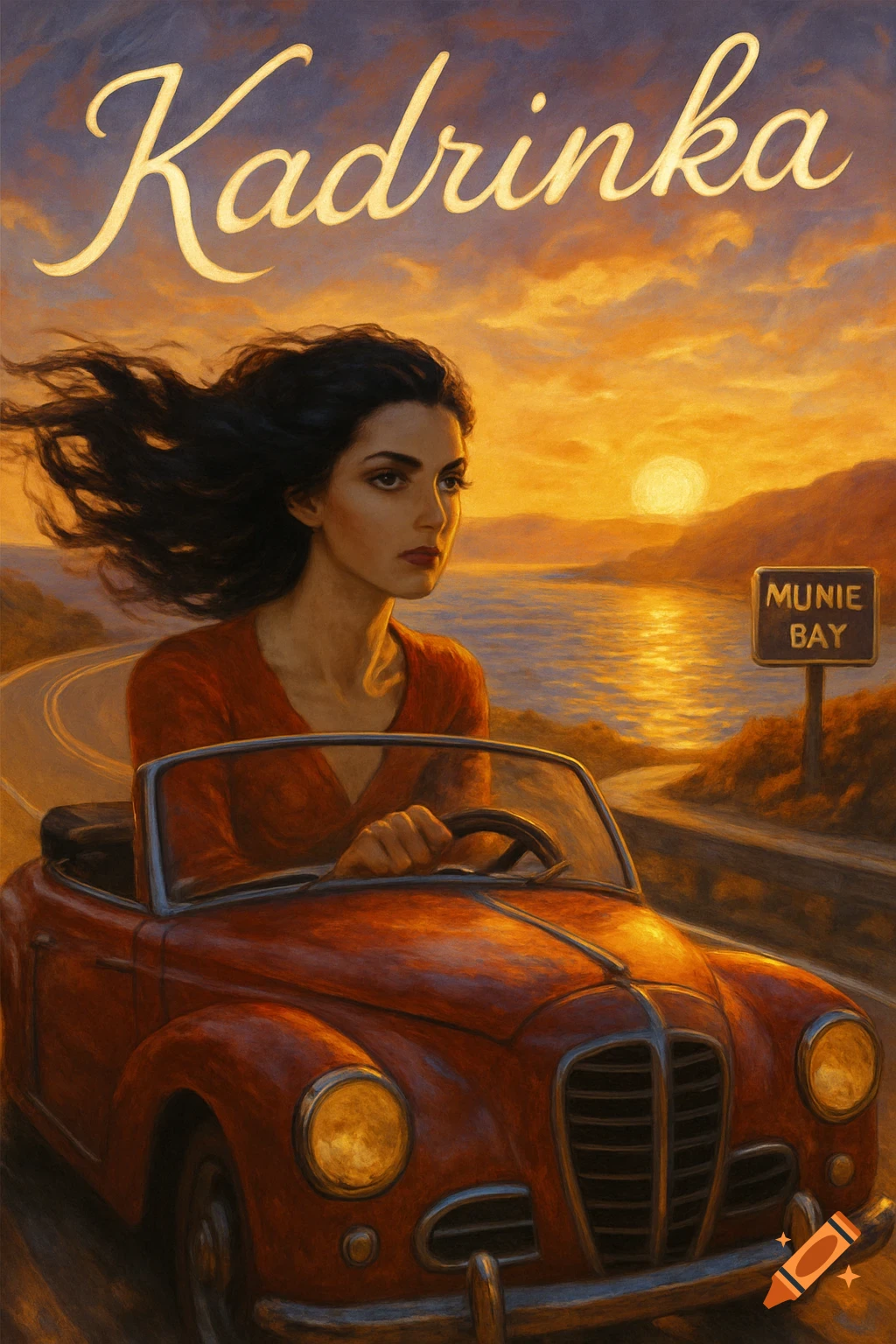 A dark-haired woman in a vintage red convertible drives on a coastal road at sunset. Text reads 'Kadrinka' and 'Munie Bay'.