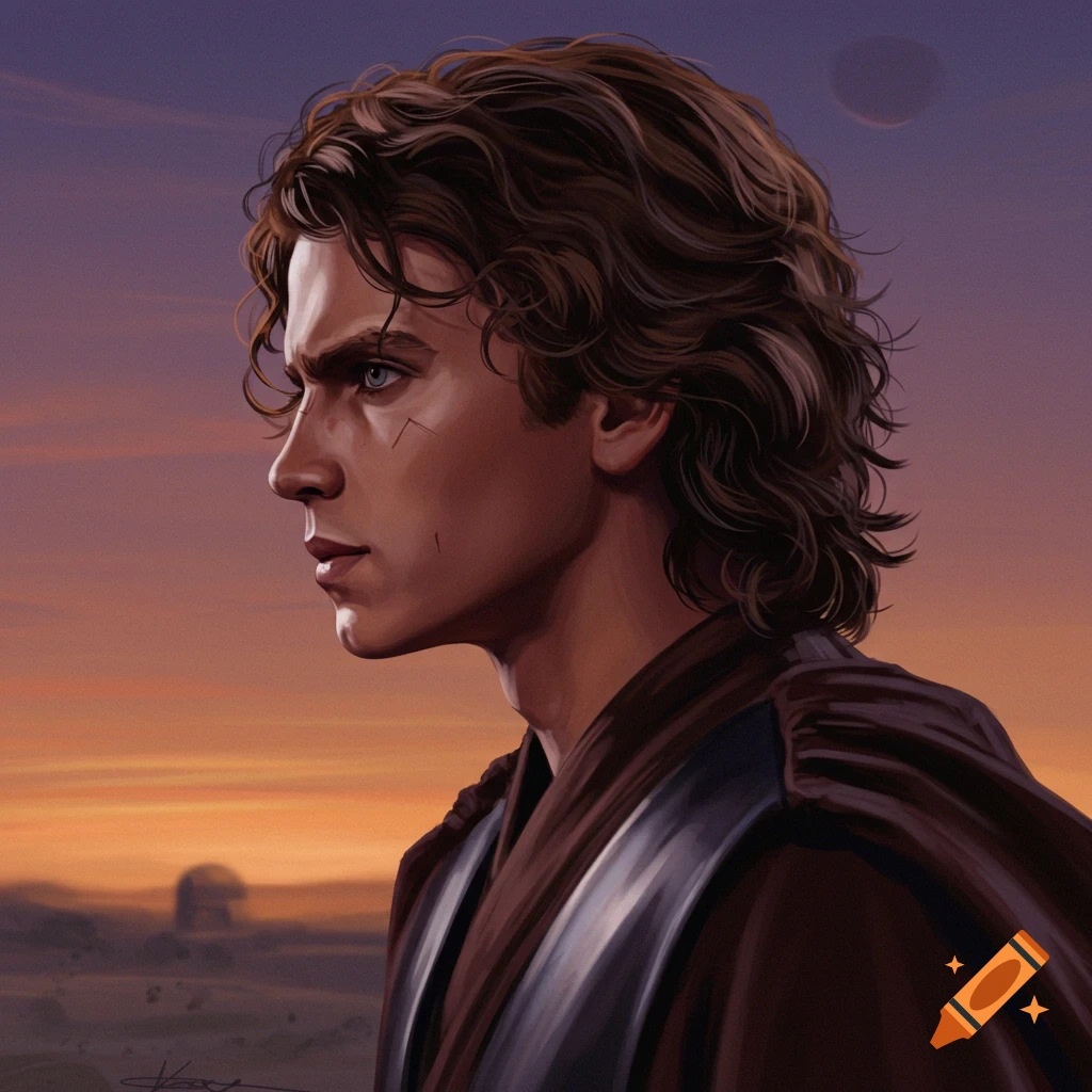 Side profile digital painting of Anakin Skywalker, looking left, against an orange and purple sunset sky.