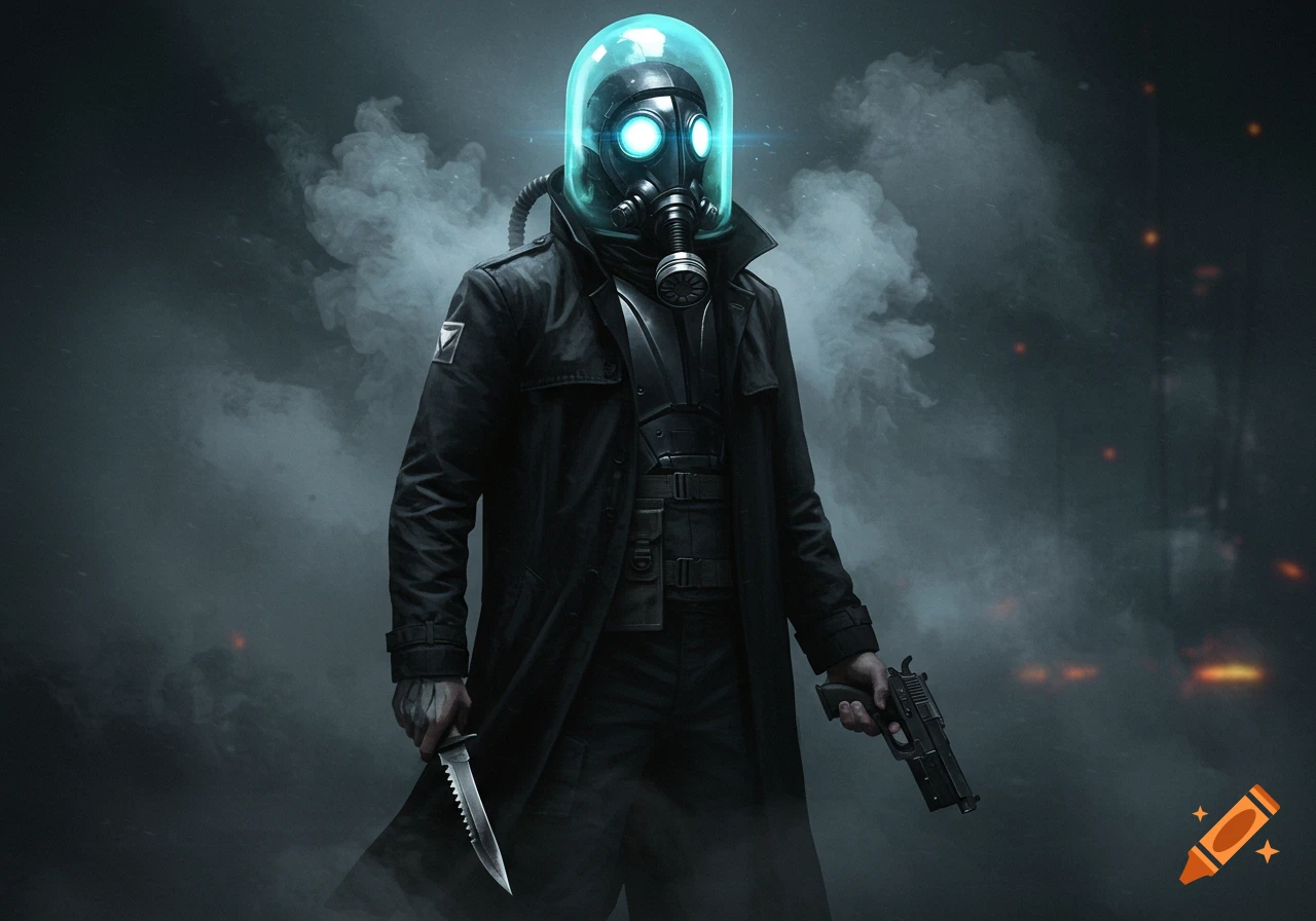 A character in a black trench coat, gas mask, and glowing blue dome helmet holds a jagged knife and a pistol amidst a smoky, dark background.
