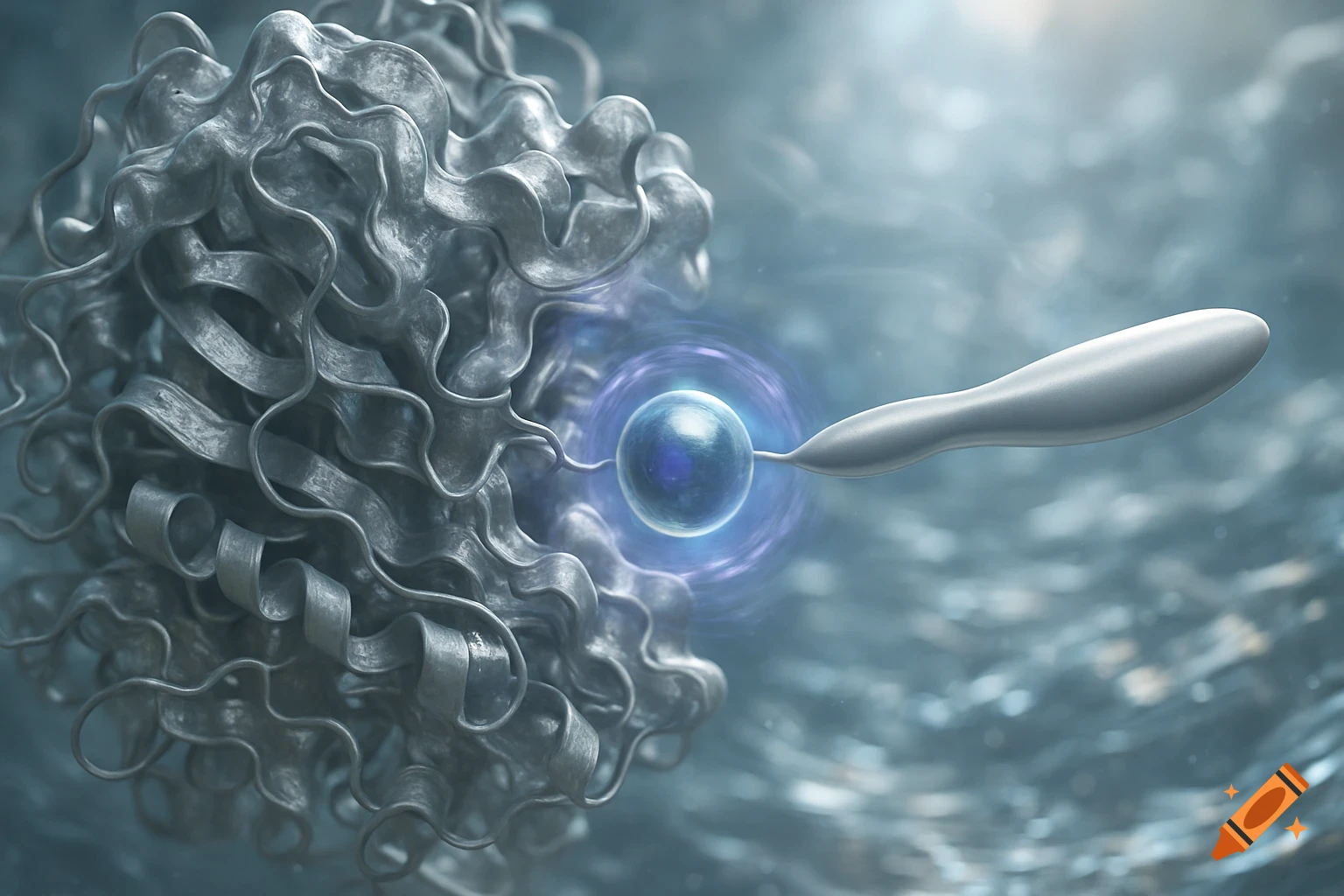 A drug molecule approaching the active site of a complex, wavy enzyme protein, depicted in a microscopic view.