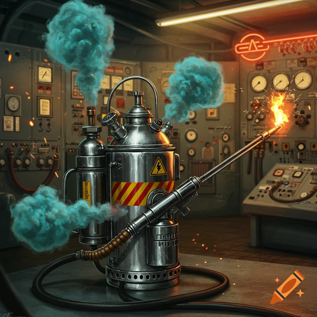 A metallic, retro-futuristic flamethrower emits blue smoke and fire in a dimly lit, sci-fi laboratory or control room.