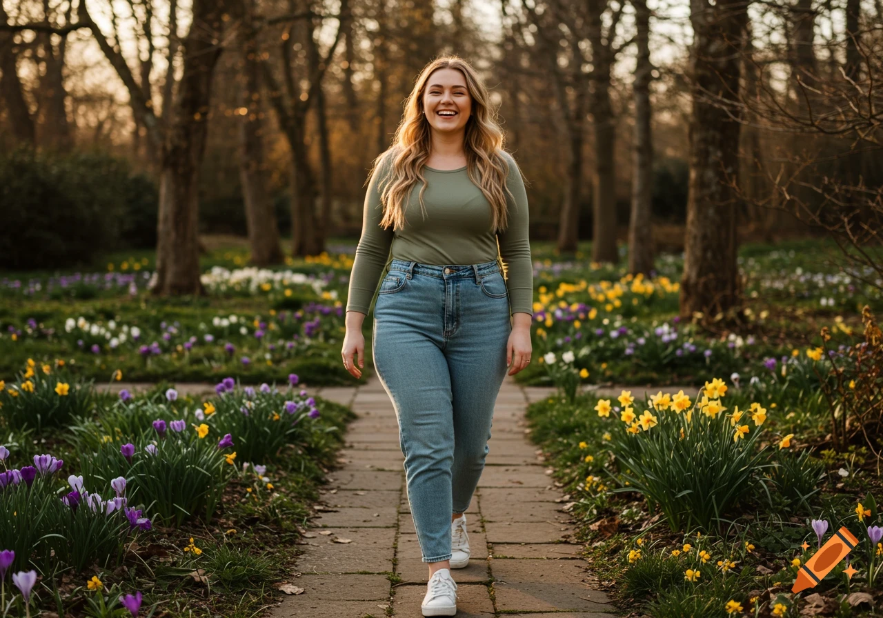 Smiling woman with long blonde hair walks on a stone path through a sunny spring botanical garden with crocuses and daffodils.