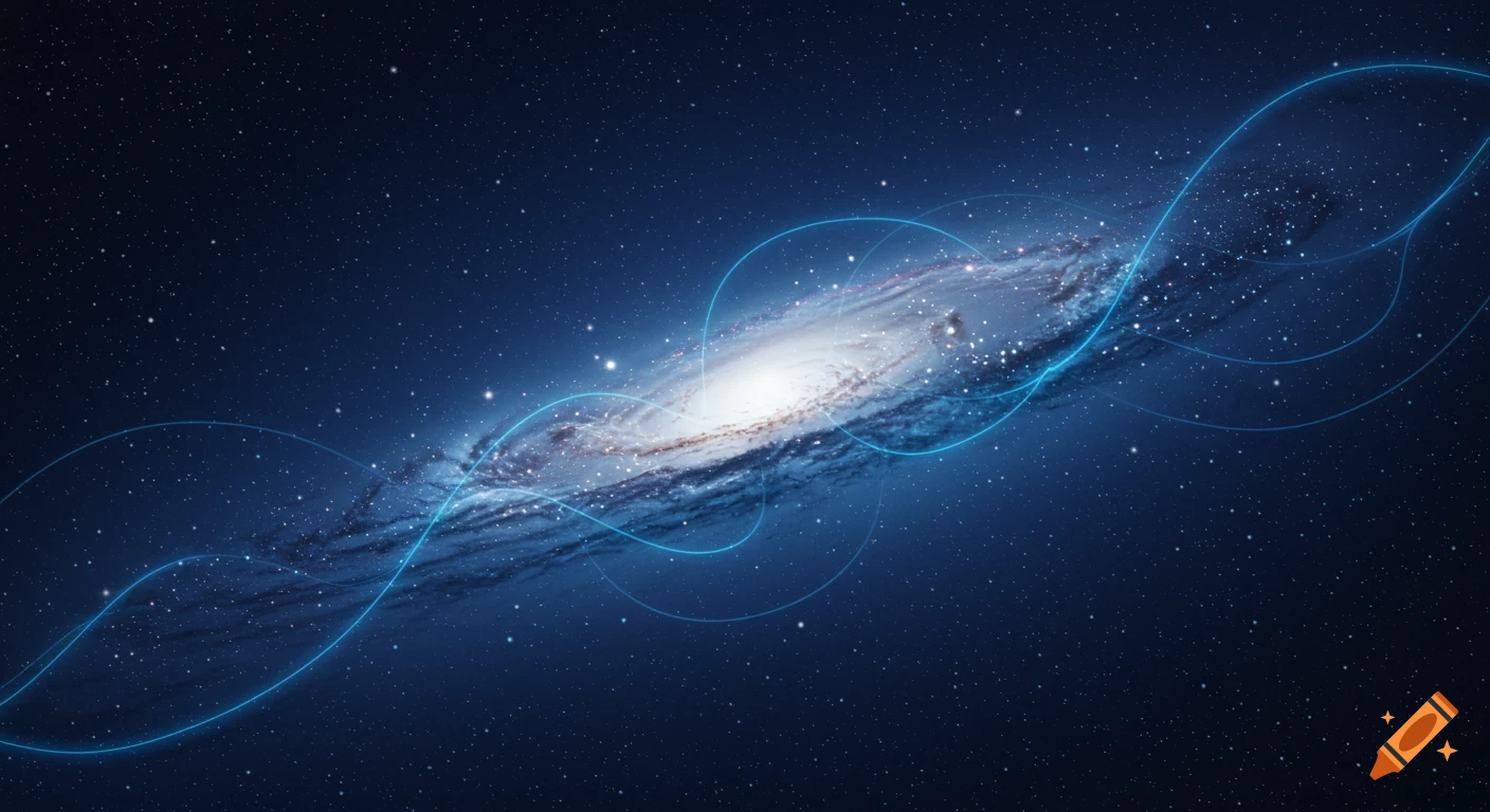 A spiral galaxy with glowing blue energy lines swirls across a dark blue starry background.
