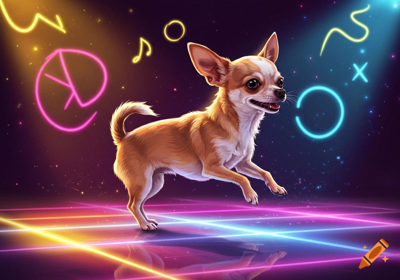 A chihuahua jumps on a neon-lit stage with abstract symbols and stars in the background, in a vibrant illustration style.