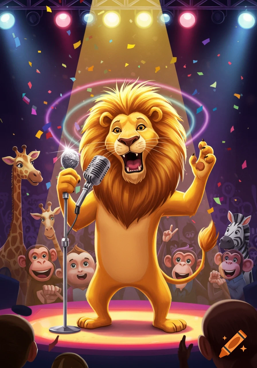 A cartoon lion sings into a microphone on a stage, surrounded by other cheering cartoon animals under bright spotlights and falling confetti.