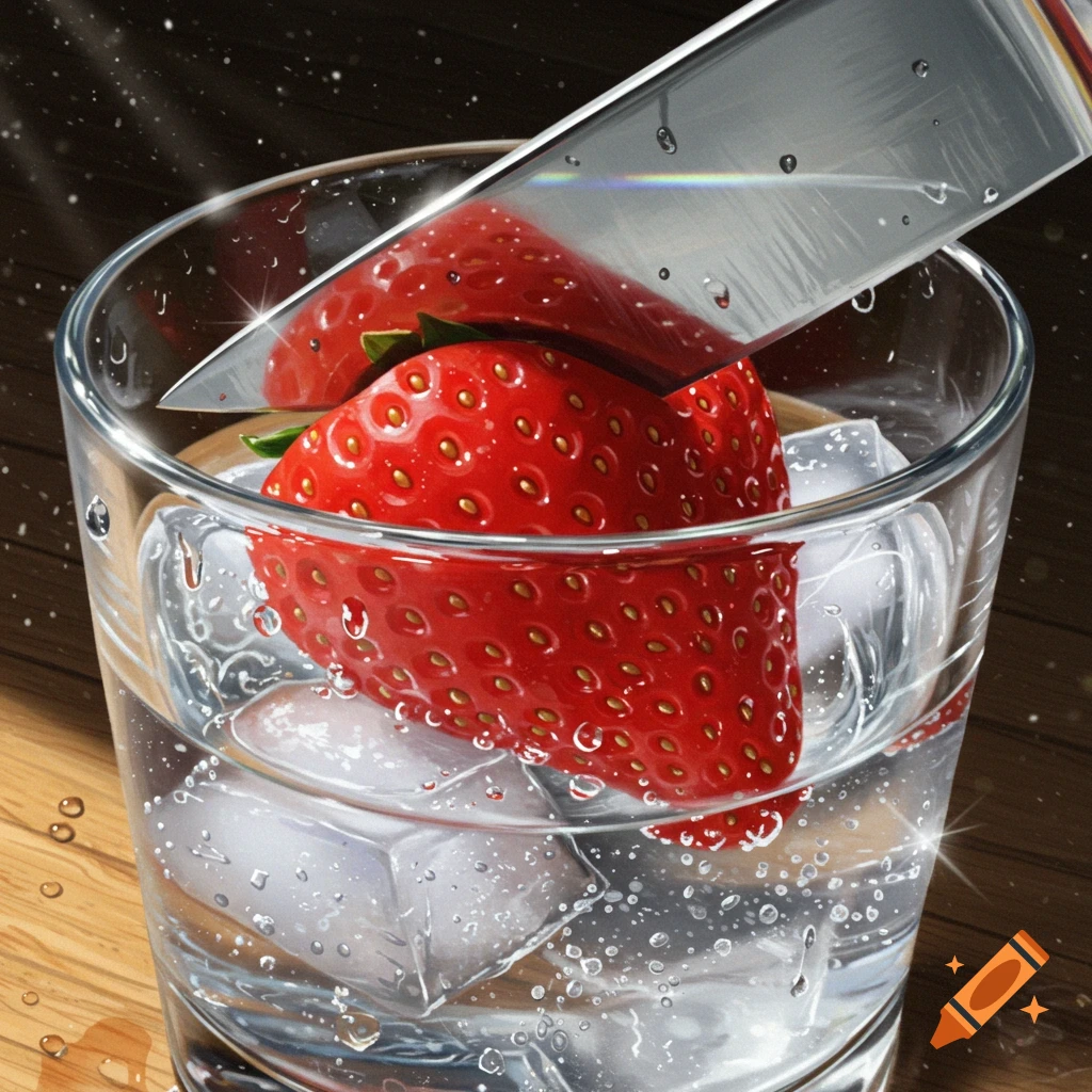 A red strawberry and ice cubes in a glass of water, being cut by a silver knife. Photorealistic.